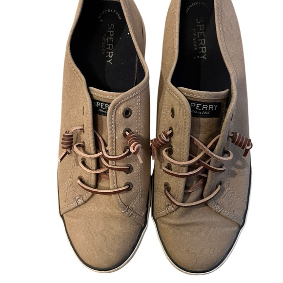 Sperry Khaki Canvas Sneakers with Brown Laces - Picture 1 of 5